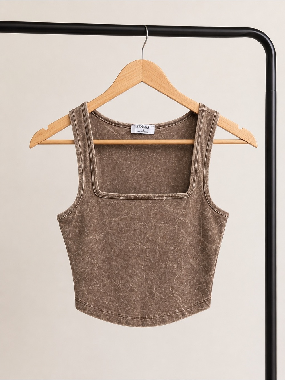 Zenana Outfitters Brown Mineral-Wash Square Neck Cropped Tank